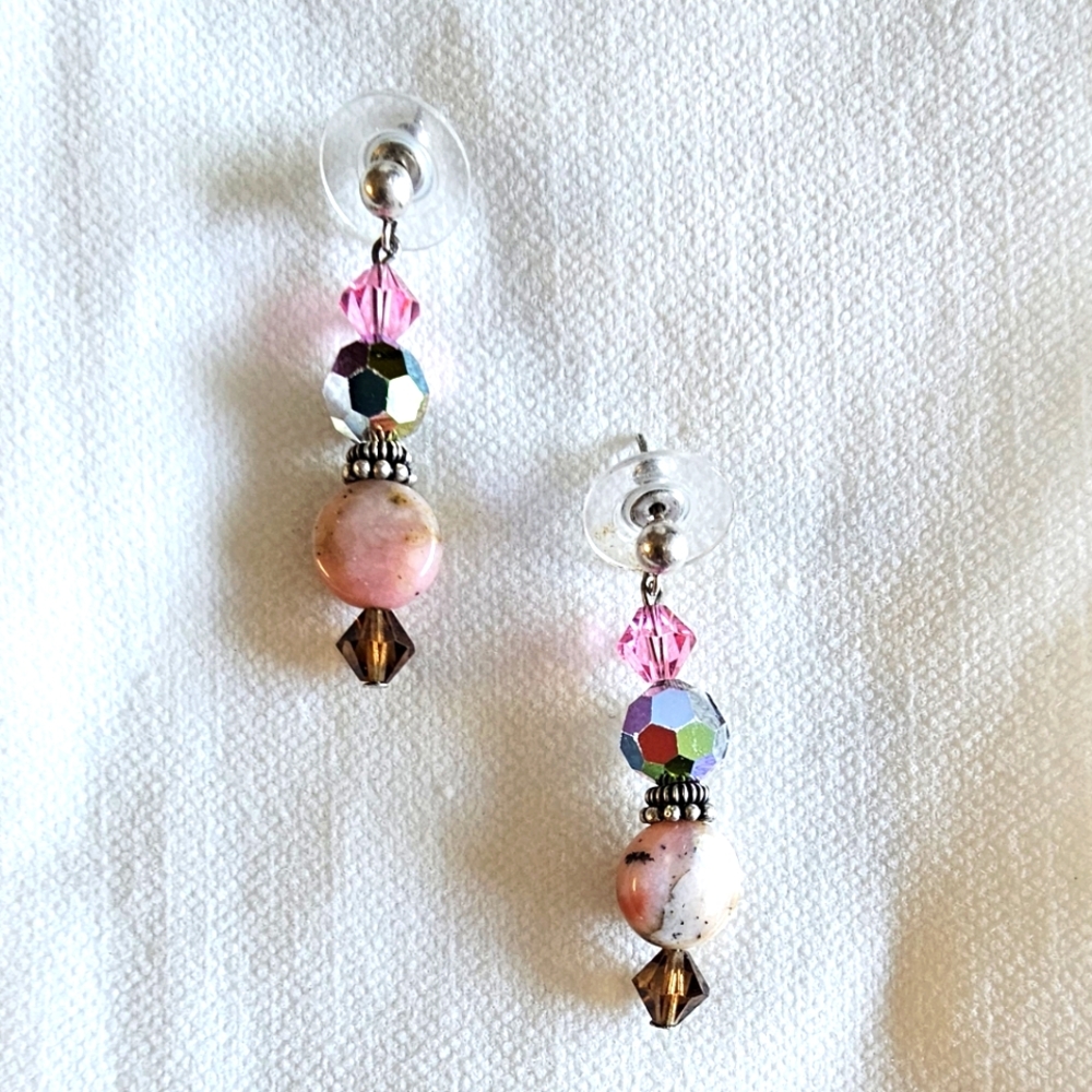 Vintage Pink Opal & Crystal Silver Tone Drop Earrings.